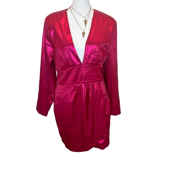 Barbie Style- ZARA NEW WOMAN SATIN like Barbie MINI DRESS FUCHSIA L long Sleeve - Picture 5 of 8